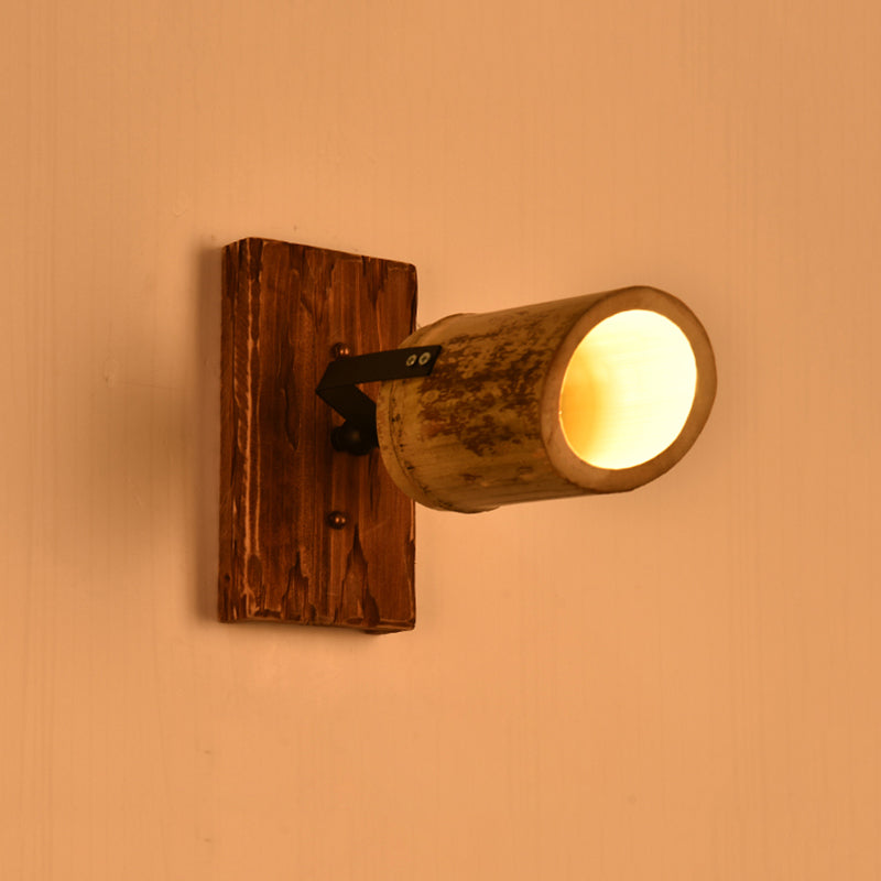 Vintage Cylinder Wall Light Sconce 2/3-Light Bamboo Wall Lamp in Brown with Linear Wood Backplate Clearhalo 'Industrial wall lights' 'Industrial' 'Middle century wall lights' 'Tiffany' 'Wall Lamps & Sconces' 'Wall Lights' Lighting' 734874