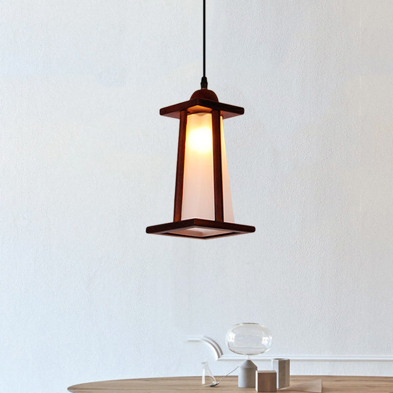 Brown Trapezoid Hanging Pendant Light Vintage White Glass 1-Light Kitchen Suspension Lamp with Wood Frame White Clearhalo 'Ceiling Lights' 'Chandeliers' 'Glass shade' 'Glass' 'Industrial Pendants' 'Industrial' 'Middle Century Pendants' 'Pendant Lights' 'Pendants' 'Tiffany' Lighting' 734876