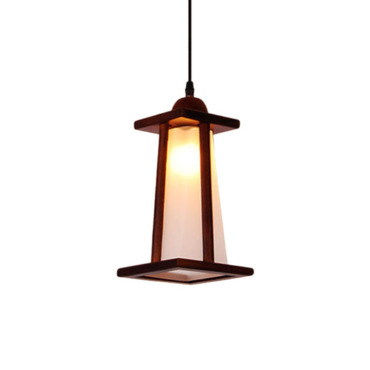 Brown Trapezoid Hanging Pendant Light Vintage White Glass 1-Light Kitchen Suspension Lamp with Wood Frame Clearhalo 'Ceiling Lights' 'Chandeliers' 'Glass shade' 'Glass' 'Industrial Pendants' 'Industrial' 'Middle Century Pendants' 'Pendant Lights' 'Pendants' 'Tiffany' Lighting' 734877