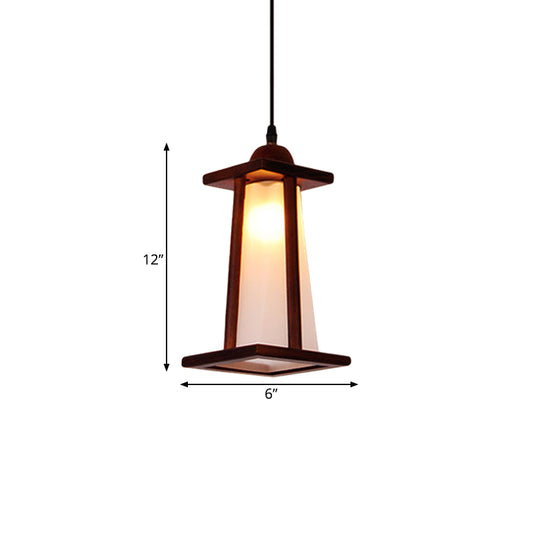 Brown Trapezoid Hanging Pendant Light Vintage White Glass 1-Light Kitchen Suspension Lamp with Wood Frame Clearhalo 'Ceiling Lights' 'Chandeliers' 'Glass shade' 'Glass' 'Industrial Pendants' 'Industrial' 'Middle Century Pendants' 'Pendant Lights' 'Pendants' 'Tiffany' Lighting' 734879