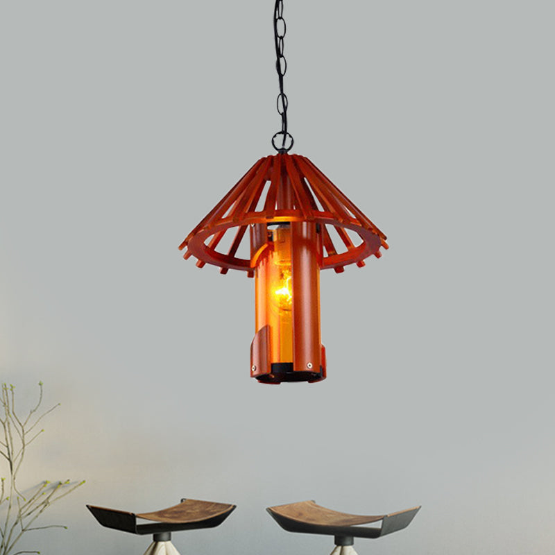 Bamboo Cylinder Suspension Lamp Vintage 1 Light Dining Room Hanging Ceiling Light in Brown with Cone Shade Brown Clearhalo 'Ceiling Lights' 'Industrial Pendants' 'Industrial' 'Middle Century Pendants' 'Pendant Lights' 'Pendants' 'Tiffany' Lighting' 734888