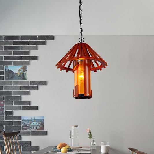Bamboo Cylinder Suspension Lamp Vintage 1 Light Dining Room Hanging Ceiling Light in Brown with Cone Shade Clearhalo 'Ceiling Lights' 'Industrial Pendants' 'Industrial' 'Middle Century Pendants' 'Pendant Lights' 'Pendants' 'Tiffany' Lighting' 734889