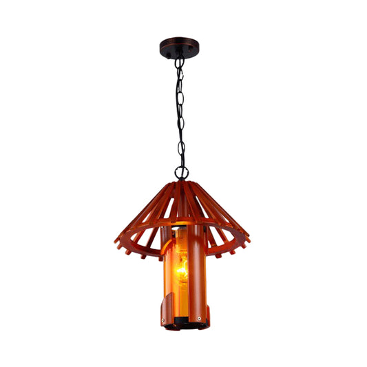 Bamboo Cylinder Suspension Lamp Vintage 1 Light Dining Room Hanging Ceiling Light in Brown with Cone Shade Clearhalo 'Ceiling Lights' 'Industrial Pendants' 'Industrial' 'Middle Century Pendants' 'Pendant Lights' 'Pendants' 'Tiffany' Lighting' 734890