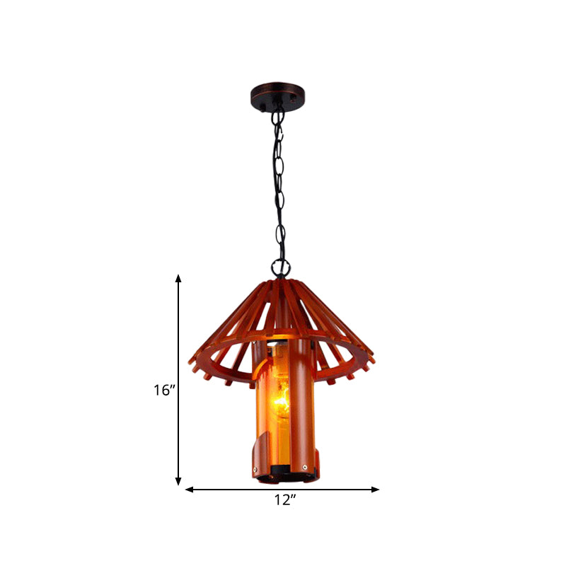 Bamboo Cylinder Suspension Lamp Vintage 1 Light Dining Room Hanging Ceiling Light in Brown with Cone Shade Clearhalo 'Ceiling Lights' 'Industrial Pendants' 'Industrial' 'Middle Century Pendants' 'Pendant Lights' 'Pendants' 'Tiffany' Lighting' 734891