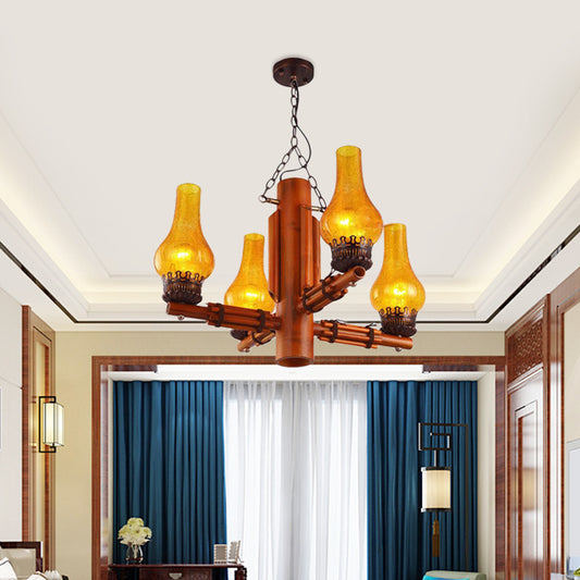 Brown 4 Heads Chandelier Light Farmhouse Yellow Crackle Glass Vase Shade Ceiling Pendant with Bamboo Arm Design Clearhalo 'Ceiling Lights' 'Chandeliers' 'Glass shade' 'Glass' 'Industrial Chandeliers' 'Industrial' 'Middle Century Chandeliers' 'Tiffany' Lighting' 734905