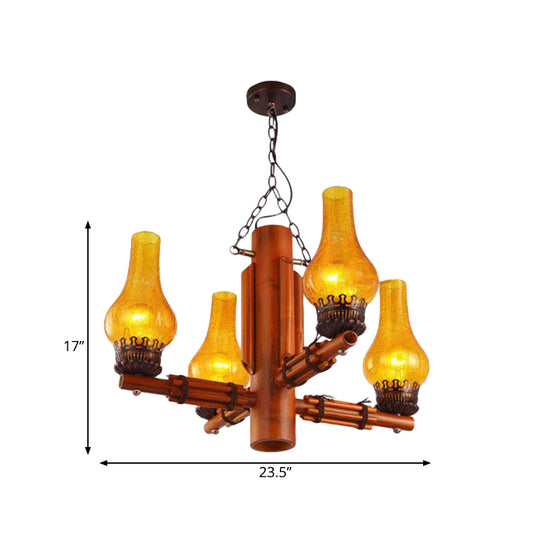 Brown 4 Heads Chandelier Light Farmhouse Yellow Crackle Glass Vase Shade Ceiling Pendant with Bamboo Arm Design Clearhalo 'Ceiling Lights' 'Chandeliers' 'Glass shade' 'Glass' 'Industrial Chandeliers' 'Industrial' 'Middle Century Chandeliers' 'Tiffany' Lighting' 734907