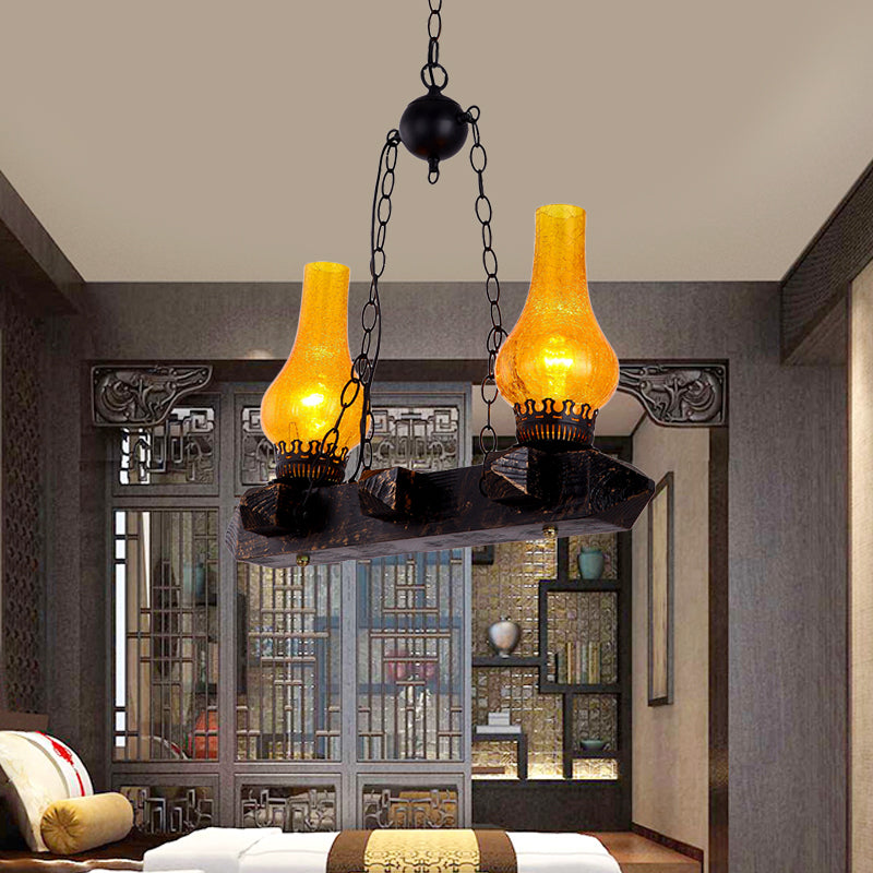 Black Vase Chandelier Lamp Farm Yellow Crackle Glass 2 Heads Dining Room Pendant Lighting Fixture Yellow Clearhalo 'Cast Iron' 'Ceiling Lights' 'Chandeliers' 'Industrial Chandeliers' 'Industrial' 'Metal' 'Middle Century Chandeliers' 'Rustic Chandeliers' 'Tiffany' Lighting' 734908