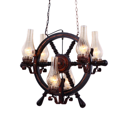 Clear Water Glass Brown Chandelier Lamp Vase 6 Lights Warehouse Hanging Light Fixture with Wood Rudder Design Clearhalo 'Cast Iron' 'Ceiling Lights' 'Chandeliers' 'Clear' 'Industrial Chandeliers' 'Industrial' 'Metal' 'Middle Century Chandeliers' 'Modern' 'Rustic Chandeliers' 'Tiffany' 'Traditional Chandeliers' Lighting' 734917