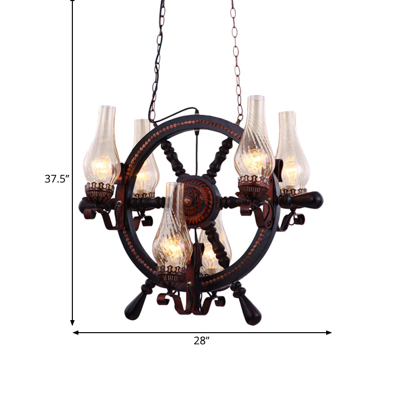Clear Water Glass Brown Chandelier Lamp Vase 6 Lights Warehouse Hanging Light Fixture with Wood Rudder Design Clearhalo 'Cast Iron' 'Ceiling Lights' 'Chandeliers' 'Clear' 'Industrial Chandeliers' 'Industrial' 'Metal' 'Middle Century Chandeliers' 'Modern' 'Rustic Chandeliers' 'Tiffany' 'Traditional Chandeliers' Lighting' 734919
