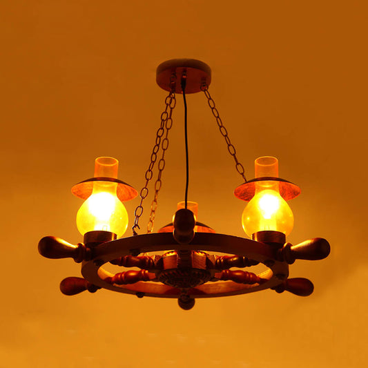 3 Heads Ceiling Chandelier Industrial Dining Room Wood Pendant Light with Vase Yellow Glass Shade Clearhalo 'Ceiling Lights' 'Chandeliers' 'Glass shade' 'Glass' 'Industrial Chandeliers' 'Industrial' 'Middle Century Chandeliers' 'Tiffany' Lighting' 734926