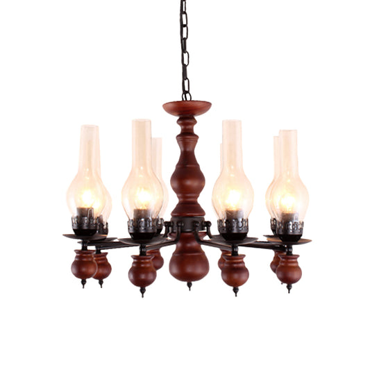 Clear Glass Vase Ceiling Lamp Industrial 8 Heads Living Room Chandelier Lighting Fixture with Wood Column Clearhalo 'Ceiling Lights' 'Chandeliers' 'Clear' 'Glass shade' 'Glass' 'Industrial Chandeliers' 'Industrial' 'Middle Century Chandeliers' 'Modern' 'Tiffany' 'Traditional Chandeliers' Lighting' 734929