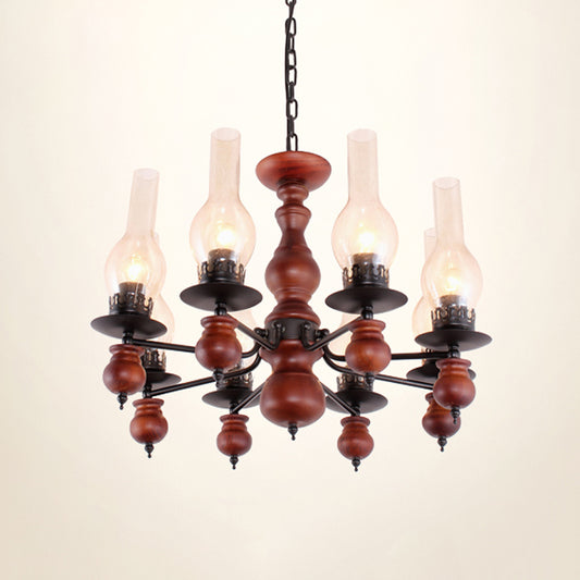 Clear Glass Vase Ceiling Lamp Industrial 8 Heads Living Room Chandelier Lighting Fixture with Wood Column Clearhalo 'Ceiling Lights' 'Chandeliers' 'Clear' 'Glass shade' 'Glass' 'Industrial Chandeliers' 'Industrial' 'Middle Century Chandeliers' 'Modern' 'Tiffany' 'Traditional Chandeliers' Lighting' 734930