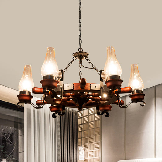6/8-Light Drop Pendant Factory Vase Clear Glass Chandelier Light Fixture with Wood Rudder in Brown 6 Brown Clearhalo 'Ceiling Lights' 'Chandeliers' 'Glass shade' 'Glass' 'Industrial Chandeliers' 'Industrial' 'Middle Century Chandeliers' 'Tiffany' Lighting' 734936