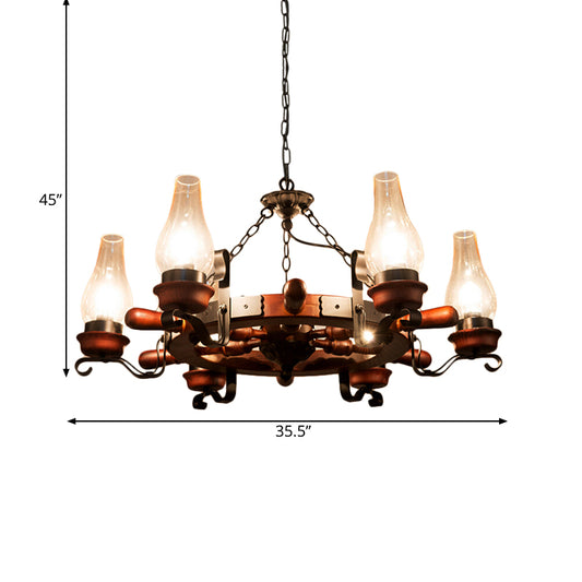 6/8-Light Drop Pendant Factory Vase Clear Glass Chandelier Light Fixture with Wood Rudder in Brown Clearhalo 'Ceiling Lights' 'Chandeliers' 'Glass shade' 'Glass' 'Industrial Chandeliers' 'Industrial' 'Middle Century Chandeliers' 'Tiffany' Lighting' 734940