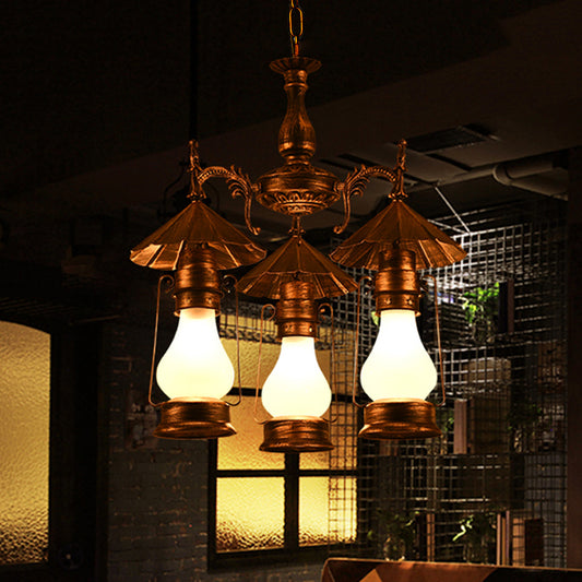 Bronze 3 Heads Pendant Chandelier Warehouse Yellow Crackle/White Glass Kerosene Hanging Ceiling Light for Restaurant White Clearhalo 'Ceiling Lights' 'Chandeliers' 'Glass shade' 'Glass' 'Industrial Chandeliers' 'Industrial' 'Middle Century Chandeliers' 'Pendant Lights' 'Tiffany' Lighting' 734945