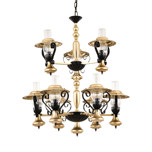 Gold Lantern Hanging Chandelier Vintage 9 Lights Clear Ribbed Glass Living Room Pendant Light Kit with 2-Tier Design Clearhalo 'Cast Iron' 'Ceiling Lights' 'Chandeliers' 'Industrial Chandeliers' 'Industrial' 'Metal' 'Middle Century Chandeliers' 'Rustic Chandeliers' 'Tiffany' Lighting' 734950