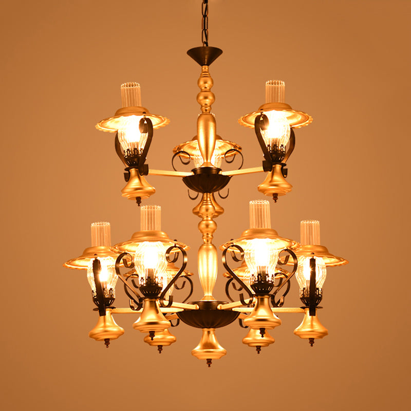 Gold Lantern Hanging Chandelier Vintage 9 Lights Clear Ribbed Glass Living Room Pendant Light Kit with 2-Tier Design Clearhalo 'Cast Iron' 'Ceiling Lights' 'Chandeliers' 'Industrial Chandeliers' 'Industrial' 'Metal' 'Middle Century Chandeliers' 'Rustic Chandeliers' 'Tiffany' Lighting' 734951