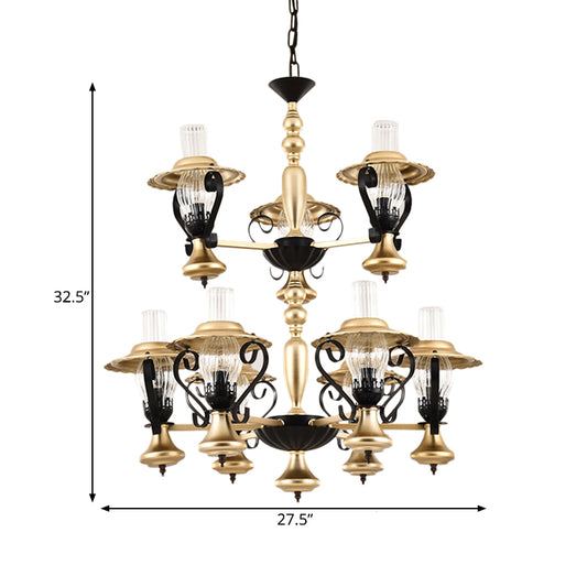 Gold Lantern Hanging Chandelier Vintage 9 Lights Clear Ribbed Glass Living Room Pendant Light Kit with 2-Tier Design Clearhalo 'Cast Iron' 'Ceiling Lights' 'Chandeliers' 'Industrial Chandeliers' 'Industrial' 'Metal' 'Middle Century Chandeliers' 'Rustic Chandeliers' 'Tiffany' Lighting' 734952