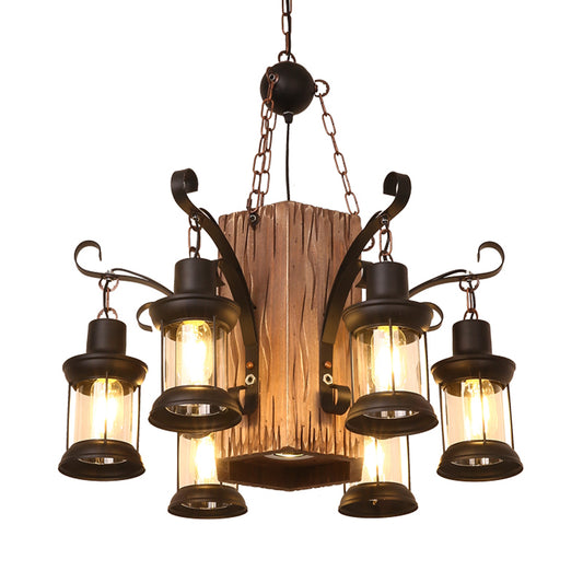 Lantern Clear Glass Chandelier Lighting Farmhouse 6 Lights Dining Room Hanging Lamp in Black with Rectangle Wood Deco Clearhalo 'Cast Iron' 'Ceiling Lights' 'Chandeliers' 'Industrial Chandeliers' 'Industrial' 'Metal' 'Middle Century Chandeliers' 'Rustic Chandeliers' 'Tiffany' Lighting' 734954