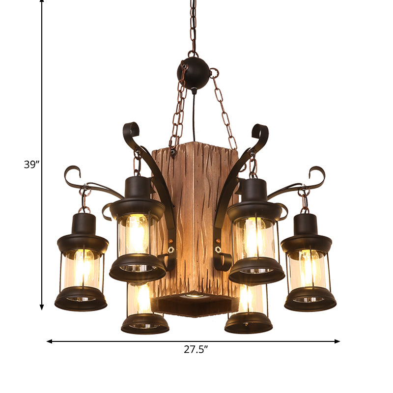 Lantern Clear Glass Chandelier Lighting Farmhouse 6 Lights Dining Room Hanging Lamp in Black with Rectangle Wood Deco Clearhalo 'Cast Iron' 'Ceiling Lights' 'Chandeliers' 'Industrial Chandeliers' 'Industrial' 'Metal' 'Middle Century Chandeliers' 'Rustic Chandeliers' 'Tiffany' Lighting' 734956