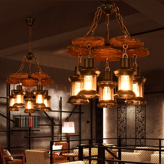 5 Lights Chandelier Light Fixture Farm Dining Room Wood Pendant with Lantern Clear Glass Shade in Black Black Clearhalo 'Cast Iron' 'Ceiling Lights' 'Chandeliers' 'Industrial Chandeliers' 'Industrial' 'Metal' 'Middle Century Chandeliers' 'Rustic Chandeliers' 'Tiffany' Lighting' 734957