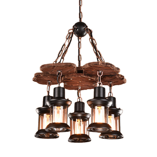 5 Lights Chandelier Light Fixture Farm Dining Room Wood Pendant with Lantern Clear Glass Shade in Black Clearhalo 'Cast Iron' 'Ceiling Lights' 'Chandeliers' 'Industrial Chandeliers' 'Industrial' 'Metal' 'Middle Century Chandeliers' 'Rustic Chandeliers' 'Tiffany' Lighting' 734958