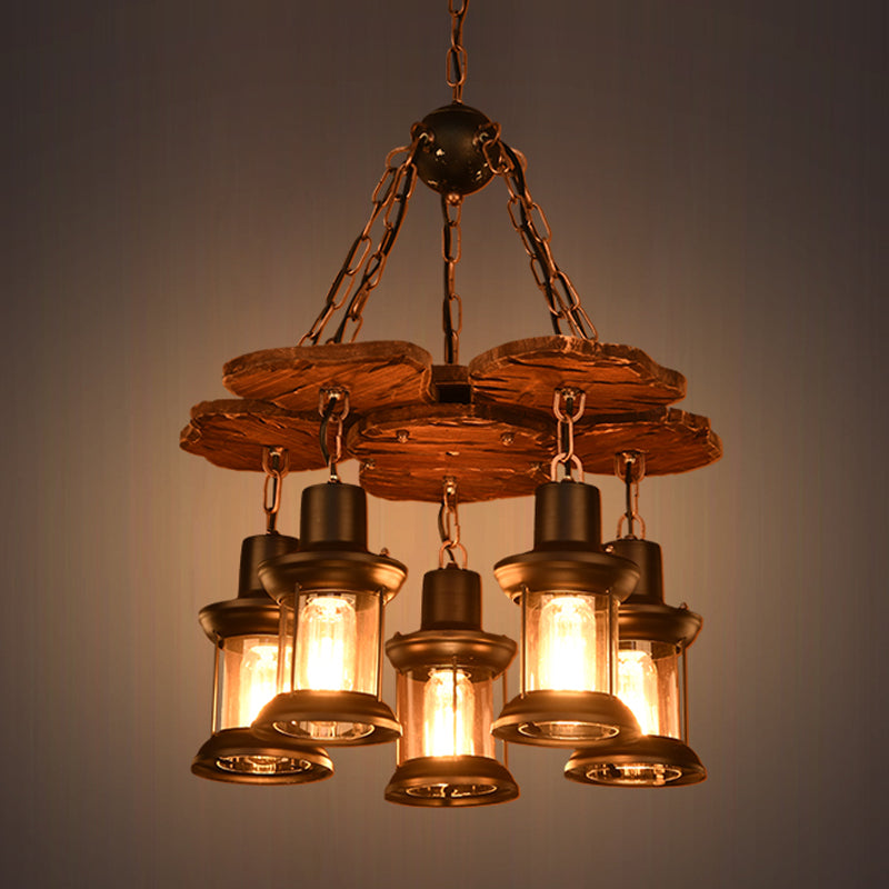 5 Lights Chandelier Light Fixture Farm Dining Room Wood Pendant with Lantern Clear Glass Shade in Black Clearhalo 'Cast Iron' 'Ceiling Lights' 'Chandeliers' 'Industrial Chandeliers' 'Industrial' 'Metal' 'Middle Century Chandeliers' 'Rustic Chandeliers' 'Tiffany' Lighting' 734959