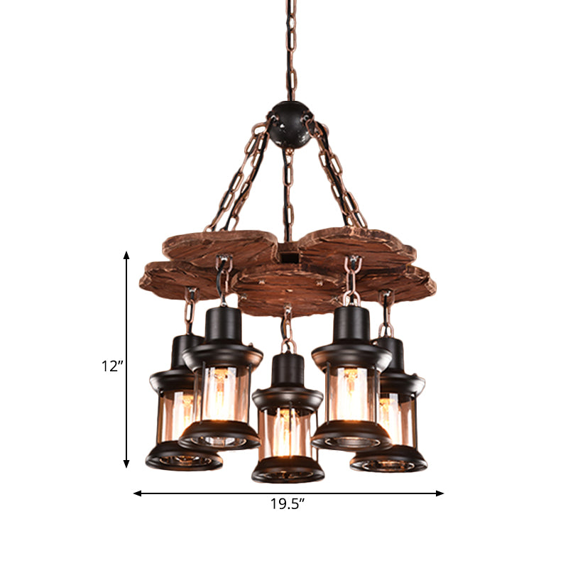 5 Lights Chandelier Light Fixture Farm Dining Room Wood Pendant with Lantern Clear Glass Shade in Black Clearhalo 'Cast Iron' 'Ceiling Lights' 'Chandeliers' 'Industrial Chandeliers' 'Industrial' 'Metal' 'Middle Century Chandeliers' 'Rustic Chandeliers' 'Tiffany' Lighting' 734960
