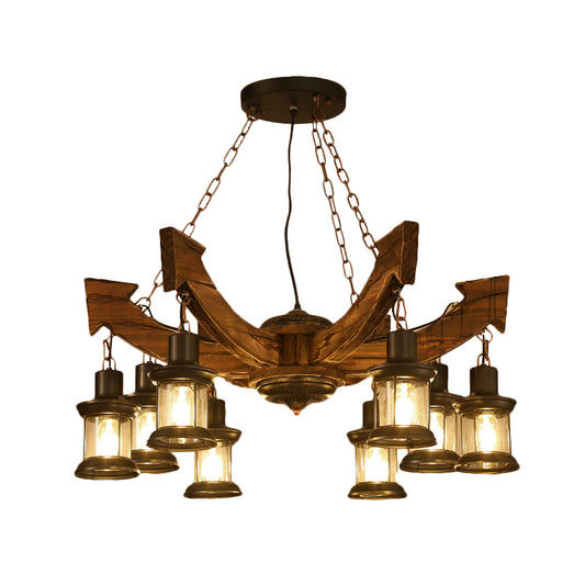 8 Lights Pendant Chandelier Farm Clear Glass Suspension Lamp in Black with Wood Anchor Deco Clearhalo 'Cast Iron' 'Ceiling Lights' 'Chandeliers' 'Industrial Chandeliers' 'Industrial' 'Metal' 'Middle Century Chandeliers' 'Rustic Chandeliers' 'Tiffany' Lighting' 734966