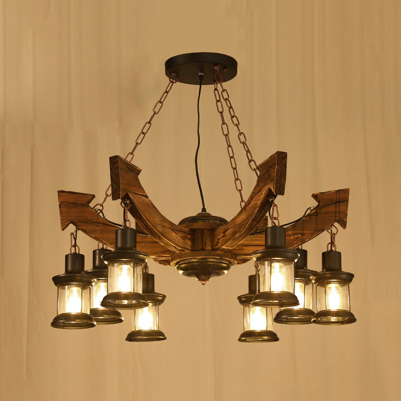8 Lights Pendant Chandelier Farm Clear Glass Suspension Lamp in Black with Wood Anchor Deco Clearhalo 'Cast Iron' 'Ceiling Lights' 'Chandeliers' 'Industrial Chandeliers' 'Industrial' 'Metal' 'Middle Century Chandeliers' 'Rustic Chandeliers' 'Tiffany' Lighting' 734967