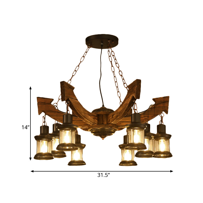 8 Lights Pendant Chandelier Farm Clear Glass Suspension Lamp in Black with Wood Anchor Deco Clearhalo 'Cast Iron' 'Ceiling Lights' 'Chandeliers' 'Industrial Chandeliers' 'Industrial' 'Metal' 'Middle Century Chandeliers' 'Rustic Chandeliers' 'Tiffany' Lighting' 734968