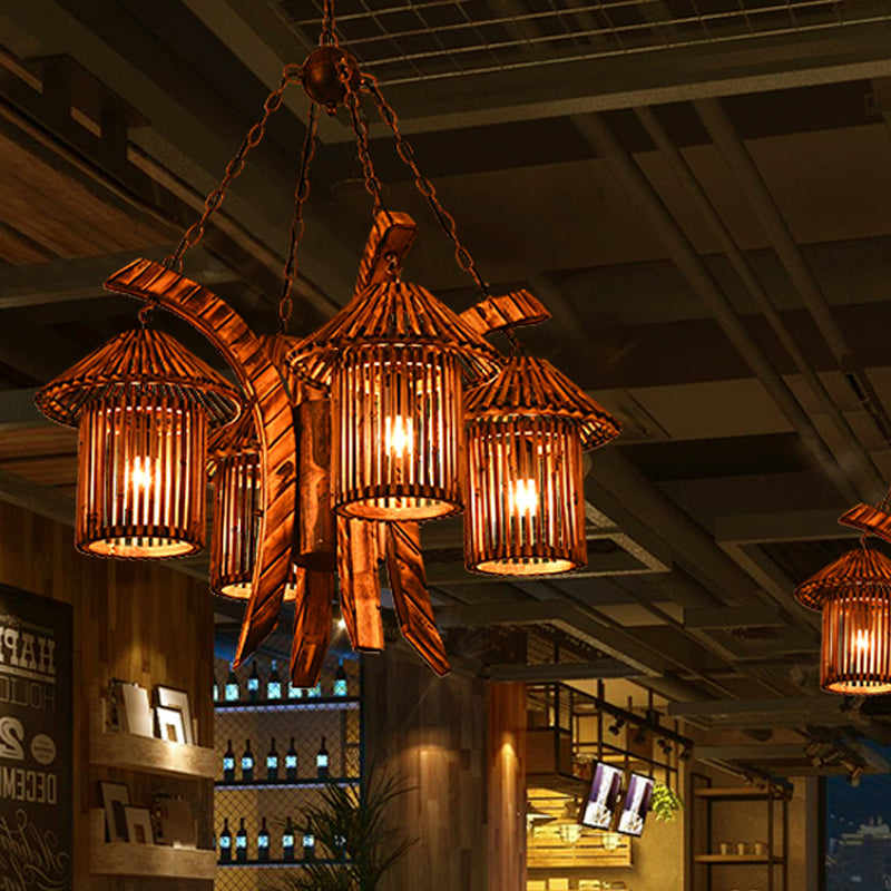 4 Lights Wood Chandelier Light Warehouse Brown Lantern Dining Room Hanging Pendant with Curved Arm Clearhalo 'Carpenter Chandeliers' 'Ceiling Lights' 'Chandeliers' 'Industrial Chandeliers' 'Industrial' 'Middle Century Chandeliers' 'Modern' 'Tiffany' Lighting' 734970