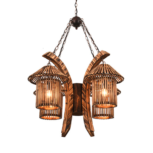 4 Lights Wood Chandelier Light Warehouse Brown Lantern Dining Room Hanging Pendant with Curved Arm Clearhalo 'Carpenter Chandeliers' 'Ceiling Lights' 'Chandeliers' 'Industrial Chandeliers' 'Industrial' 'Middle Century Chandeliers' 'Modern' 'Tiffany' Lighting' 734971