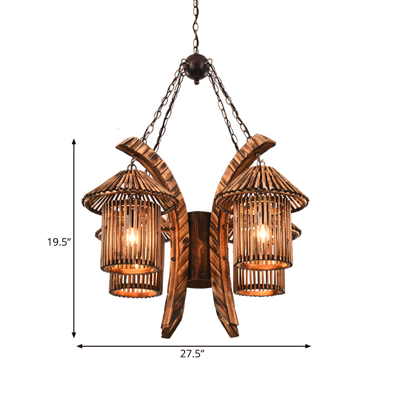 4 Lights Wood Chandelier Light Warehouse Brown Lantern Dining Room Hanging Pendant with Curved Arm Clearhalo 'Carpenter Chandeliers' 'Ceiling Lights' 'Chandeliers' 'Industrial Chandeliers' 'Industrial' 'Middle Century Chandeliers' 'Modern' 'Tiffany' Lighting' 734972