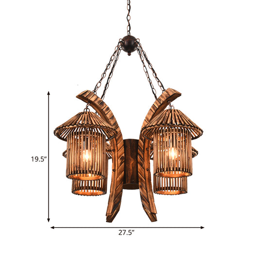 4 Lights Wood Chandelier Light Warehouse Brown Lantern Dining Room Hanging Pendant with Curved Arm Clearhalo 'Carpenter Chandeliers' 'Ceiling Lights' 'Chandeliers' 'Industrial Chandeliers' 'Industrial' 'Middle Century Chandeliers' 'Modern' 'Tiffany' Lighting' 734972