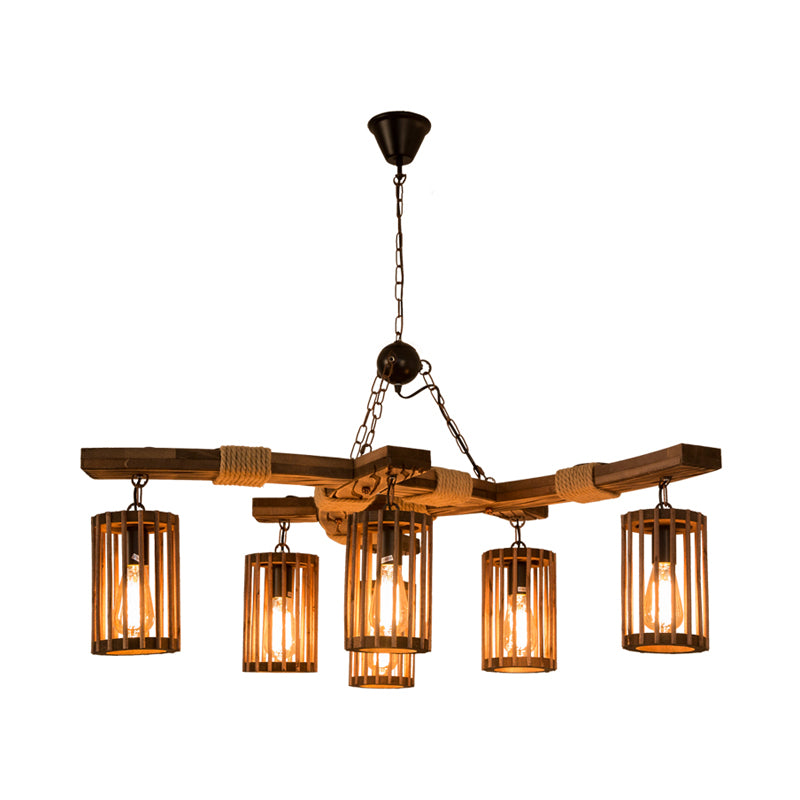Wood Brown Chandelier Lighting Cylinder 3/6-Light Vintage Pendant Light Kit with Branch Beam Clearhalo 'Carpenter Chandeliers' 'Ceiling Lights' 'Chandeliers' 'Industrial Chandeliers' 'Industrial' 'Middle Century Chandeliers' 'Modern' 'Tiffany' Lighting' 734974