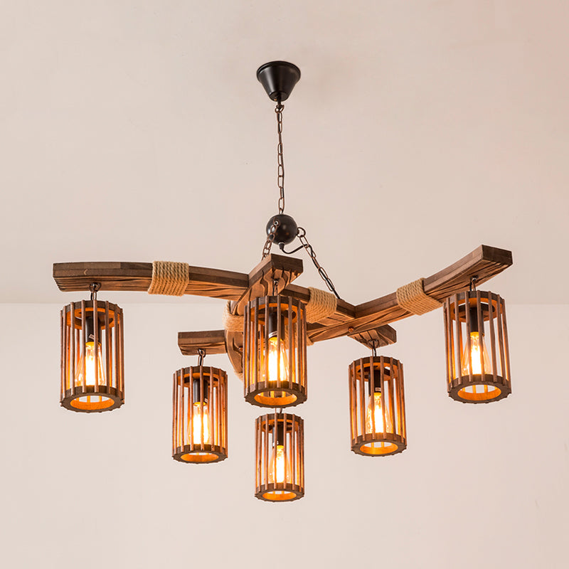 Wood Brown Chandelier Lighting Cylinder 3/6-Light Vintage Pendant Light Kit with Branch Beam Clearhalo 'Carpenter Chandeliers' 'Ceiling Lights' 'Chandeliers' 'Industrial Chandeliers' 'Industrial' 'Middle Century Chandeliers' 'Modern' 'Tiffany' Lighting' 734975