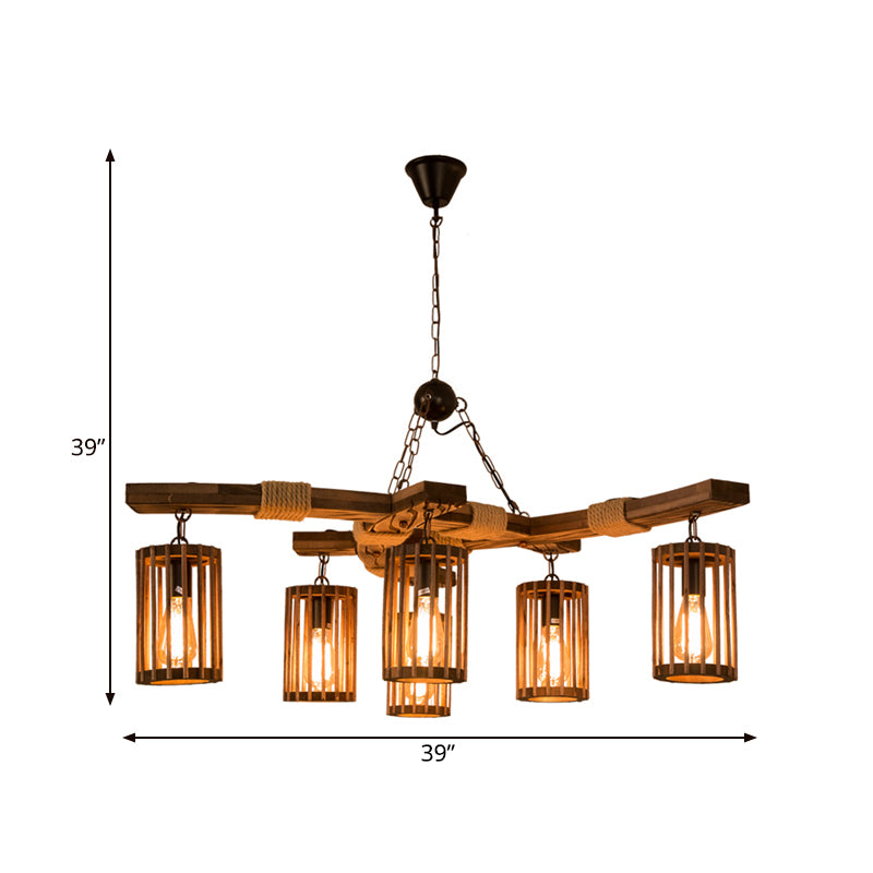 Wood Brown Chandelier Lighting Cylinder 3/6-Light Vintage Pendant Light Kit with Branch Beam Clearhalo 'Carpenter Chandeliers' 'Ceiling Lights' 'Chandeliers' 'Industrial Chandeliers' 'Industrial' 'Middle Century Chandeliers' 'Modern' 'Tiffany' Lighting' 734976