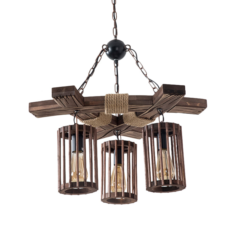 Wood Brown Chandelier Lighting Cylinder 3/6-Light Vintage Pendant Light Kit with Branch Beam Clearhalo 'Carpenter Chandeliers' 'Ceiling Lights' 'Chandeliers' 'Industrial Chandeliers' 'Industrial' 'Middle Century Chandeliers' 'Modern' 'Tiffany' Lighting' 734979