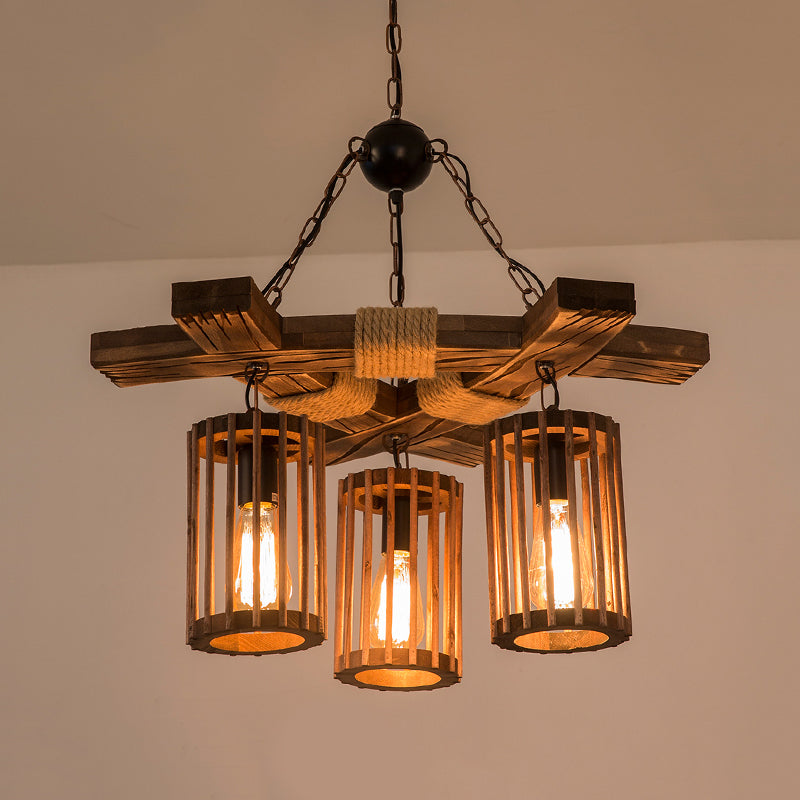 Wood Brown Chandelier Lighting Cylinder 3/6-Light Vintage Pendant Light Kit with Branch Beam Clearhalo 'Carpenter Chandeliers' 'Ceiling Lights' 'Chandeliers' 'Industrial Chandeliers' 'Industrial' 'Middle Century Chandeliers' 'Modern' 'Tiffany' Lighting' 734980