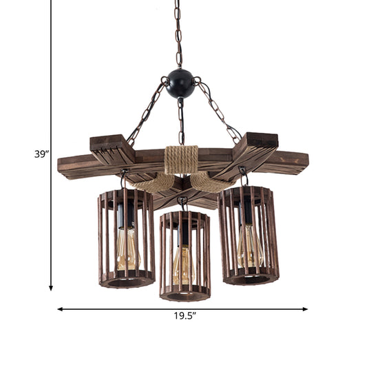 Wood Brown Chandelier Lighting Cylinder 3/6-Light Vintage Pendant Light Kit with Branch Beam Clearhalo 'Carpenter Chandeliers' 'Ceiling Lights' 'Chandeliers' 'Industrial Chandeliers' 'Industrial' 'Middle Century Chandeliers' 'Modern' 'Tiffany' Lighting' 734981