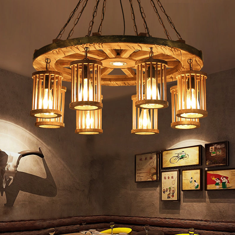 Retro Cylinder Chandelier Light Fixture 8-Bulb Wood Ceiling Pendant with Wheel for Living Room Wood Clearhalo 'Carpenter Chandeliers' 'Ceiling Lights' 'Chandeliers' 'Industrial Chandeliers' 'Industrial' 'Middle Century Chandeliers' 'Modern' 'Tiffany' Lighting' 734982