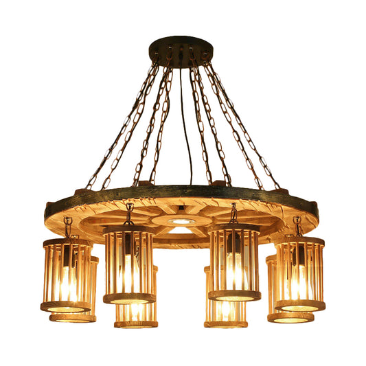Retro Cylinder Chandelier Light Fixture 8-Bulb Wood Ceiling Pendant with Wheel for Living Room Clearhalo 'Carpenter Chandeliers' 'Ceiling Lights' 'Chandeliers' 'Industrial Chandeliers' 'Industrial' 'Middle Century Chandeliers' 'Modern' 'Tiffany' Lighting' 734983