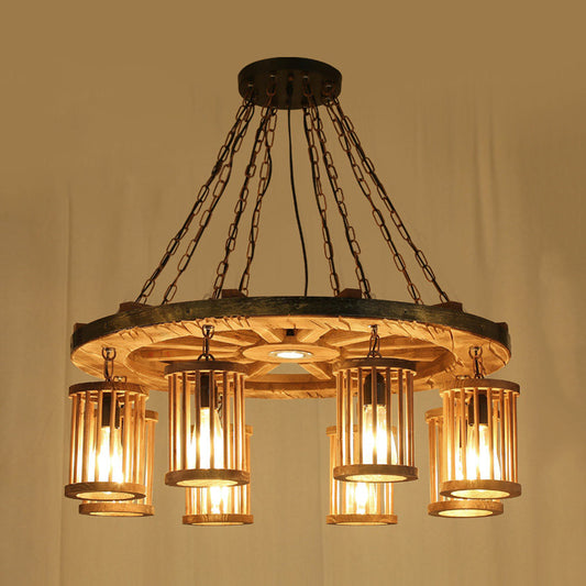 Retro Cylinder Chandelier Light Fixture 8-Bulb Wood Ceiling Pendant with Wheel for Living Room Clearhalo 'Carpenter Chandeliers' 'Ceiling Lights' 'Chandeliers' 'Industrial Chandeliers' 'Industrial' 'Middle Century Chandeliers' 'Modern' 'Tiffany' Lighting' 734984