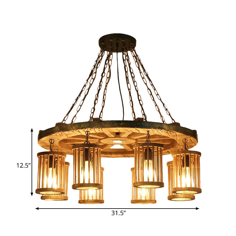 Retro Cylinder Chandelier Light Fixture 8-Bulb Wood Ceiling Pendant with Wheel for Living Room Clearhalo 'Carpenter Chandeliers' 'Ceiling Lights' 'Chandeliers' 'Industrial Chandeliers' 'Industrial' 'Middle Century Chandeliers' 'Modern' 'Tiffany' Lighting' 734985