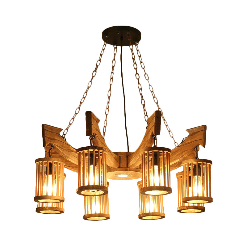 6/8-Head Cylinder Chandelier Lighting Fixture Industrial Brown Wood Hanging Ceiling Light with Anchor Arm Clearhalo 'Carpenter Chandeliers' 'Ceiling Lights' 'Chandeliers' 'Industrial Chandeliers' 'Industrial' 'Middle Century Chandeliers' 'Modern' 'Tiffany' Lighting' 734987