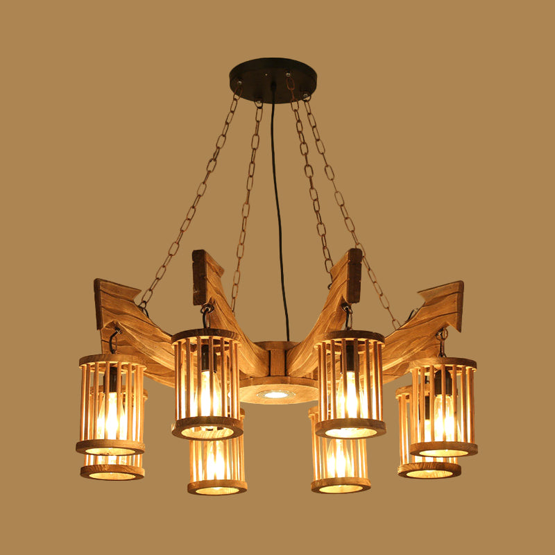 6/8-Head Cylinder Chandelier Lighting Fixture Industrial Brown Wood Hanging Ceiling Light with Anchor Arm Clearhalo 'Carpenter Chandeliers' 'Ceiling Lights' 'Chandeliers' 'Industrial Chandeliers' 'Industrial' 'Middle Century Chandeliers' 'Modern' 'Tiffany' Lighting' 734988