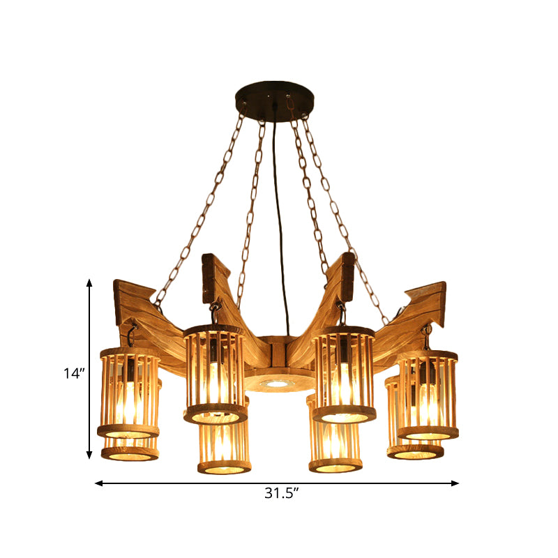 6/8-Head Cylinder Chandelier Lighting Fixture Industrial Brown Wood Hanging Ceiling Light with Anchor Arm Clearhalo 'Carpenter Chandeliers' 'Ceiling Lights' 'Chandeliers' 'Industrial Chandeliers' 'Industrial' 'Middle Century Chandeliers' 'Modern' 'Tiffany' Lighting' 734989