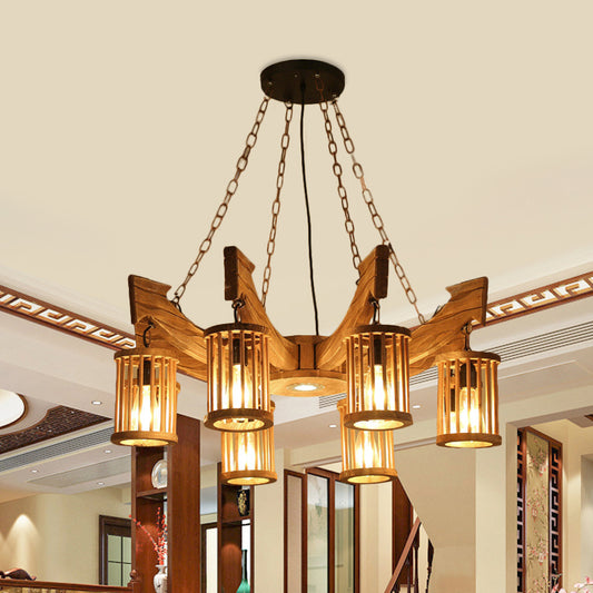 6/8-Head Cylinder Chandelier Lighting Fixture Industrial Brown Wood Hanging Ceiling Light with Anchor Arm 6 Wood Clearhalo 'Carpenter Chandeliers' 'Ceiling Lights' 'Chandeliers' 'Industrial Chandeliers' 'Industrial' 'Middle Century Chandeliers' 'Modern' 'Tiffany' Lighting' 734990
