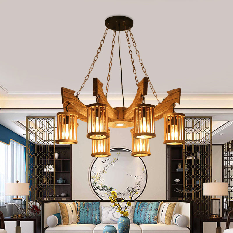 6/8-Head Cylinder Chandelier Lighting Fixture Industrial Brown Wood Hanging Ceiling Light with Anchor Arm Clearhalo 'Carpenter Chandeliers' 'Ceiling Lights' 'Chandeliers' 'Industrial Chandeliers' 'Industrial' 'Middle Century Chandeliers' 'Modern' 'Tiffany' Lighting' 734991